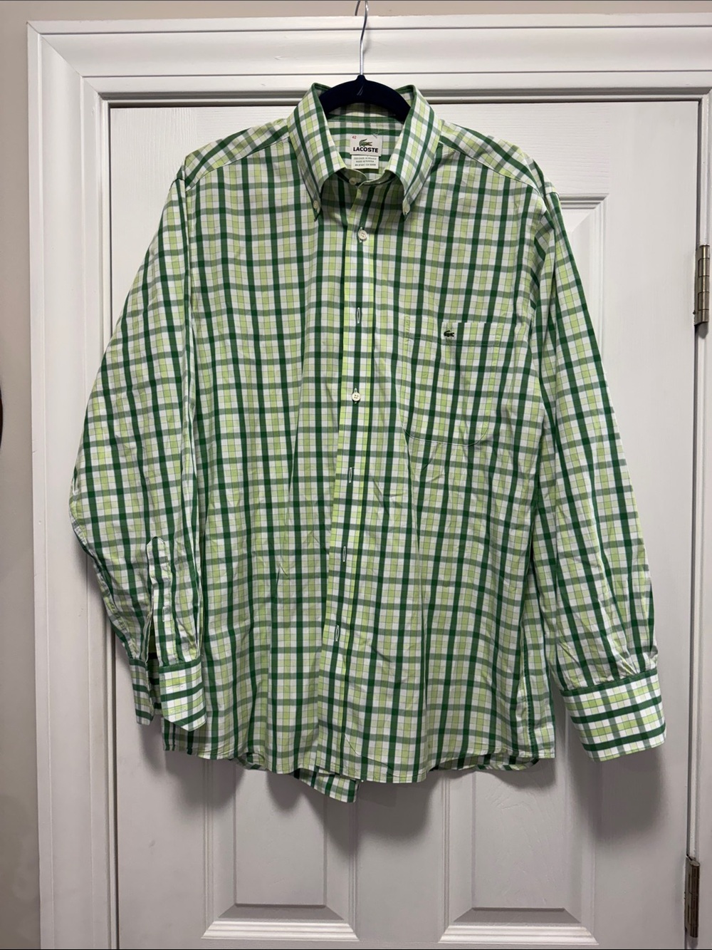 Lacoste Green and White Plaid Cotton Button-Down Shirt